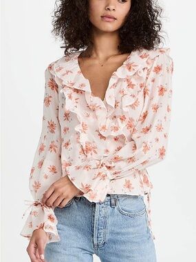 Free People Sheer Ruffled Floral Blouse - Peach Floral
